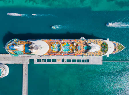Top view of cruise ship docked at Cruise Port in Nassau Harbour, Nassau, New Providence Island, Bahamas.の写真素材