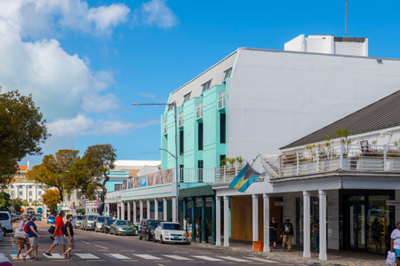 Historic commercial building on Bay Street in historic downtown Nassau, New Providence Island,...