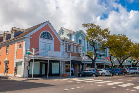 Historic commercial building on Bay Street in historic downtown Nassau, New Providence Island, Bahamas.のeditorial素材