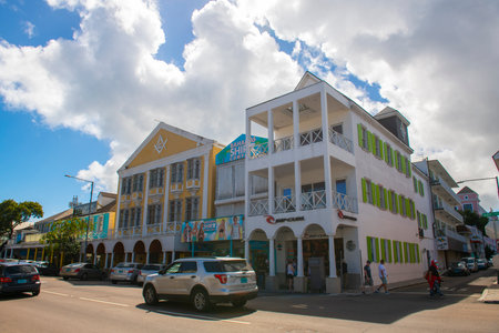 Historic commercial building on Bay Street in historic downtown Nassau, New Providence Island,...