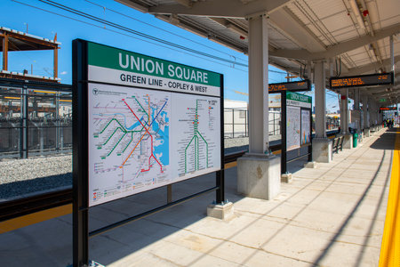 Boston Metro MBTA schematic map on platform in Union Square station at Union Square in city of Somerville, Massachusetts MA, USA.のeditorial素材