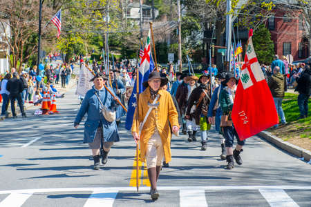 Patriots' Day Parade and American Revolutionary War reenactment in town of Concord, Massachusetts...