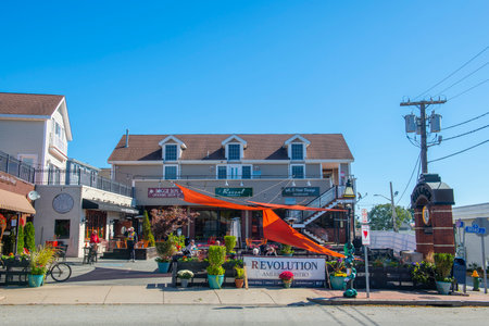Pawtuxet Village Shoppes in a historic commercial building at 2190 Board Street at Aborn Street in Pawtuxet village in town of Cranston, Rhode Island RI, USA.のeditorial素材