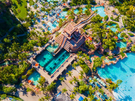 Mayan Temple water slide aerial view including Leap of Faith and Challenger Slide at Adventure Park in Atlantis Hotel on Paradise Island, Bahamas.のeditorial素材
