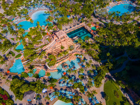 Mayan Temple water slide aerial view including Leap of Faith and Challenger Slide at Adventure Park in Atlantis Hotel on Paradise Island, Bahamas.のeditorial素材