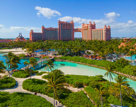 Paradise Lagoon aerial view and The Royal Tower at Atlantis Hotel on Paradise Island, Bahamas.のeditorial素材