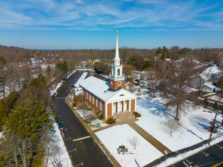 Church of Our Redeemer aerial view in winter at 6 Meriam Street in historic town center of Lexington, Massachusetts MA, USA.のeditorial素材