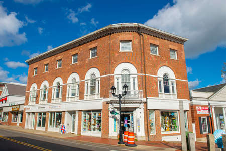 Historic commercial building at 1 Court Street in historic town center of Plymouth, Massachusetts...