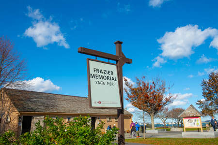 Frazier Memorial State Pier sign at 77 Water Street in historic town center of Plymouth, Massachusetts MA, USA. Antique ship Mayflower is docking at this pier.の写真素材