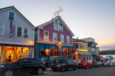 Geddy's Restaurant at sunset at 19 Main Street in historic town center of Bar Harbor, Maine ME, USA.