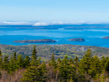 Acadia National Park aerial view including Bar Harbor town, Bar Island and Sheep Porcupine Island on top of Cadillac Mountain in Maine ME, USA.の写真素材