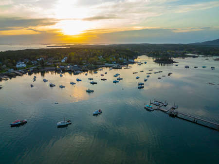 Bass Harbor and village aerial view at sunset in town of Tremont on Mt Desert Island, Maine ME, USA.のeditorial素材