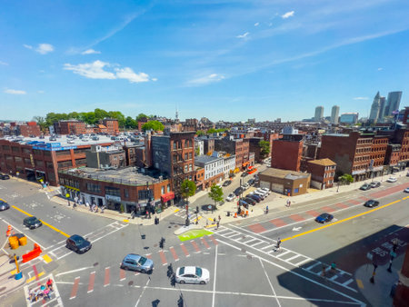 North End historic district aerial view at Causeway, Endicott and Washington Street with Old North...