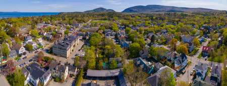 Bar Harbor historic town center aerial view on Main Street with Cadillac Mountain in Acadia National Park at the background, Bar Harbor, Maine ME, USA.のeditorial素材