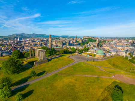National Monument, Nelson Monument and City Observatory aerial view on Calton Hill in New Town of Edinburgh, Scotland, UK. New Town Edinburgh is a UNESCO World Heritage Site sinceのeditorial素材