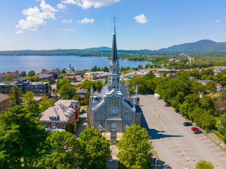 Saint Patrice Church aerial view at 115 Rue Merry N in historic downtown of Magog, Memphremagog County, Quebec QC, Canada.の写真素材