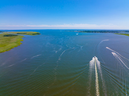 Connecticut River aerial view at the mouth of the river between town of Old Saybrook and Old Lyme, Connecticut CT, USA.の写真素材