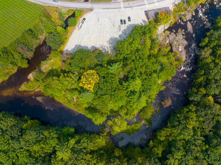 Top view of Contoocook River in town center of Bennington, New Hampshire NH, USA.