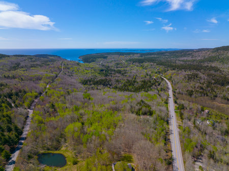 Acadia National Park aerial view including Cadillac Mountain and Otter Cove on Mt Desert Island, Maine ME, USA.の写真素材