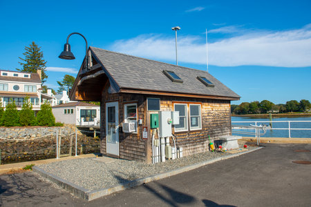 Harbor Master House on the pier at Pepperrell Cove in the village of Kittery Point in town of Kittery, Maine ME, USA.の写真素材