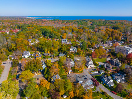 Historic waterfront building aerial view in fall on York River in village of York Harbor, town of York, Maine ME, USA.の写真素材