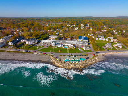 Long Sands Beach aerial view in fall in village of York Beach in town of York, Maine ME, USA.の写真素材