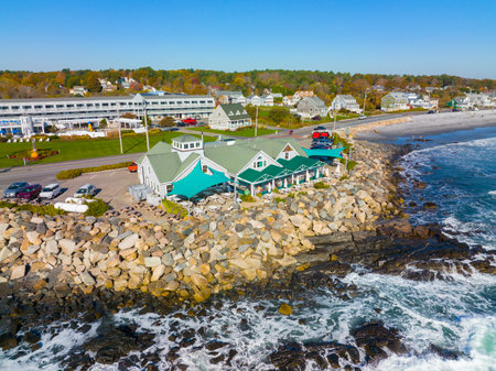 Long Sands Beach aerial view in fall in village of York Beach in town of York, Maine ME, USA.の写真素材
