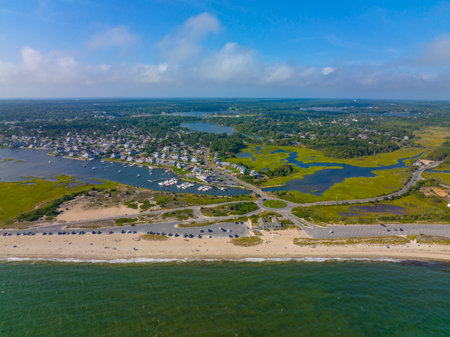West Dennis Beach aerial view and West Dennis Yacht Club on Bass River mouth in town of Dennis, Massachusetts MA, USA.の写真素材