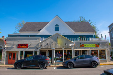 Historic commercial buildings on Mt Desert Street at Main Street in historic town center of Bar Harbor, Maine ME, USA.のeditorial素材