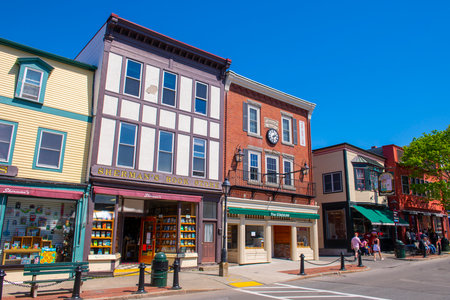 Sherman's Book Store and Stadium restaurant at 58 Main Street in historic town center of Bar Harbor, Maine ME, USA.のeditorial素材