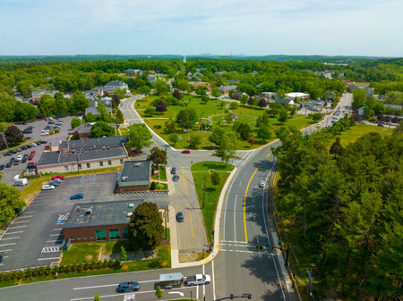 Burlington historic town center aerial view including Town Common, Town Hall in summer, town of Burlington, Massachusetts MA, USA.の写真素材