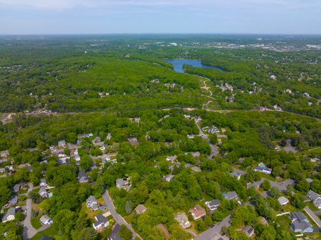 Aerial view of Burlington residential area near town center in summer, Burlington, Massachusetts MA, USA.の写真素材