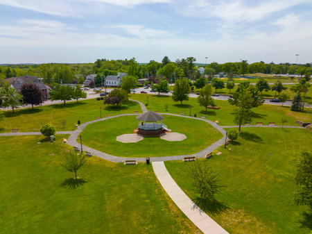 Burlington historic town center aerial view on Town Common in summer, town of Burlington, Massachusetts MA, USA.の写真素材
