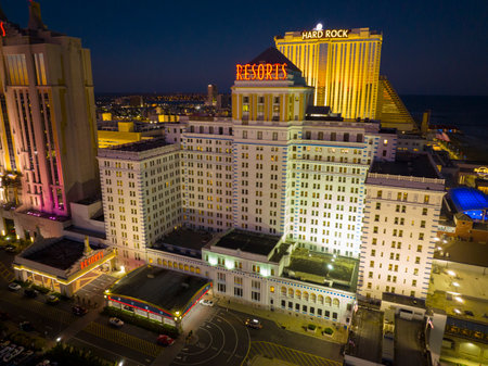 Resorts Casino Hotel aerial view at Boardwalk at night in Atlantic City, New Jersey NJ, USA.のeditorial素材