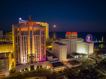Resorts Casino Hotel aerial view at Boardwalk at night in Atlantic City, New Jersey NJ, USA.のeditorial素材