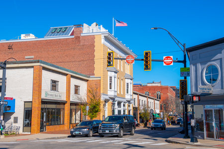 Historic commercial building on Congress Street at Middle Street in historic downtown Portsmouth, New Hampshire NH, USA.のeditorial素材