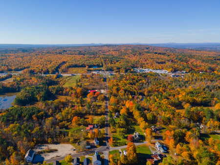 Aerial view of rural landscape in fall in historic town center of Chichester, New Hampshire NH, USA.の写真素材