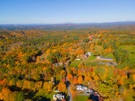 Aerial view of rural landscape in fall in historic town center of Chichester, New Hampshire NH, USA.の写真素材