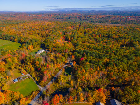 Aerial view of rural landscape in fall in historic town center of Chichester, New Hampshire NH, USA.の写真素材