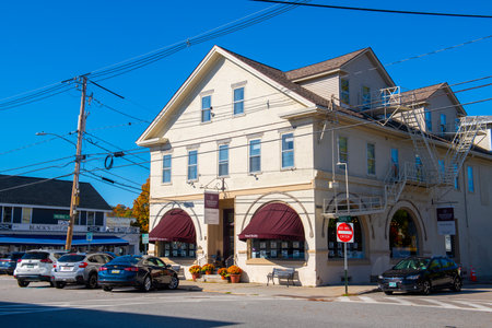 Historic commercial buildings in fall at 22 S Main Street in historic town center of Wolfeboro, New Hampshire NH, USA.のeditorial素材