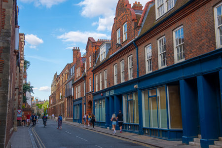 Historic commercial buildings on Silver Street at Cambridge University in Central Cambridge, England, UK.のeditorial素材