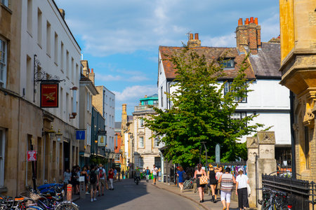 Bene't Street with historic buildings including Eagle bar at University of Cambridge near Trumpington Street in Central Cambridge, England, UK.のeditorial素材