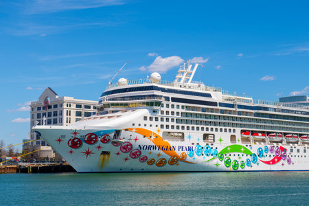 Norwegian Pearl by Norwegian Cruise Line docked at Boston Cruise Port in Seaport District, city of Boston, Massachusetts MA, USA.のeditorial素材