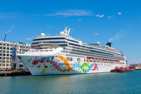 Norwegian Pearl by Norwegian Cruise Line docked at Boston Cruise Port in Seaport District, city of Boston, Massachusetts MA, USA.のeditorial素材