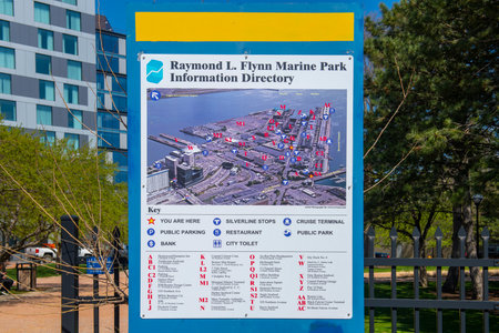 Raymond L. Flynn Marine Park sign in Seaport District, city of Boston, Massachusetts MA, USA.のeditorial素材