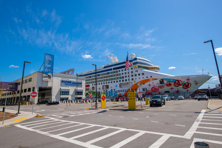 Norwegian Pearl by Norwegian Cruise Line docked at Boston Cruise Port in Seaport District, city of Boston, Massachusetts MA, USA.のeditorial素材