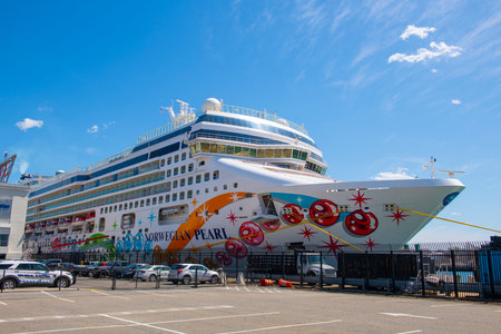 Norwegian Pearl by Norwegian Cruise Line docked at Boston Cruise Port in Seaport District, city of Boston, Massachusetts MA, USA.のeditorial素材