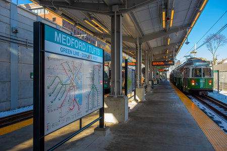 Boston Metro MBTA Green Line Medford Tufts station in city of Medford, Massachusetts MA, USA. The station is Green Line Extension GLX opened in Dec. 12, 2022.のeditorial素材