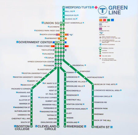 MBTA new schematic map with Green Line Extension GLX at Medford Tufts station in city of Medford, Massachusetts MA, USA. The Extension opened in Dec. 12, 2022.のeditorial素材