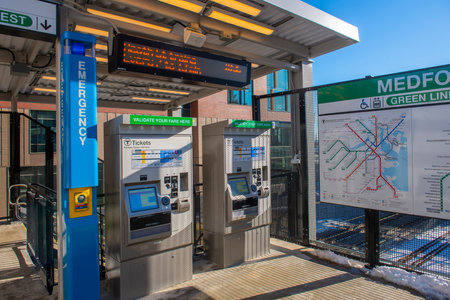 Boston Metro MBTA Green Line Medford Tufts station in city of Medford, Massachusetts MA, USA. The station is Green Line Extension GLX opened in Dec. 12, 2022.のeditorial素材